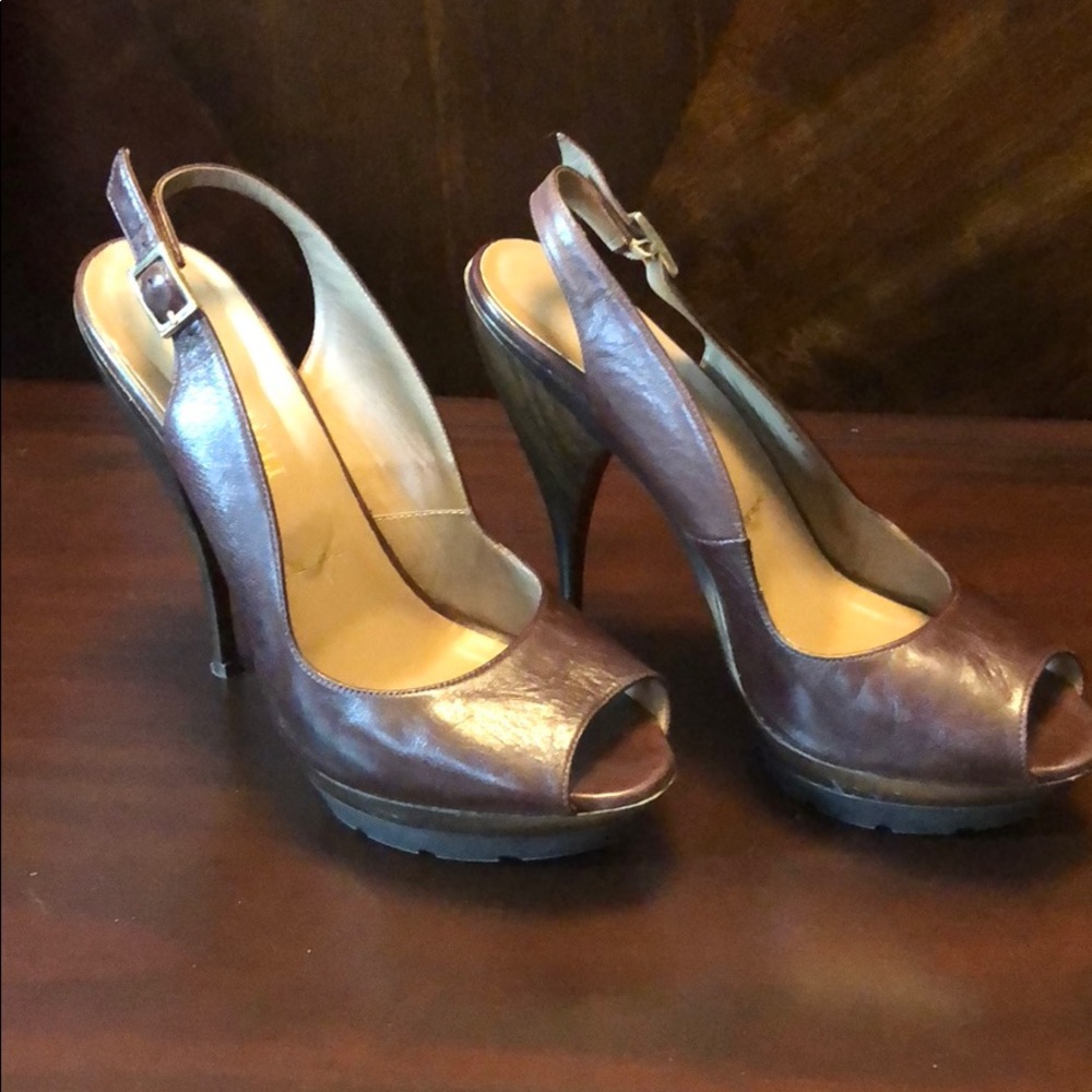 Bruno Magli Brown Leather/Wood Platform Slingbacks